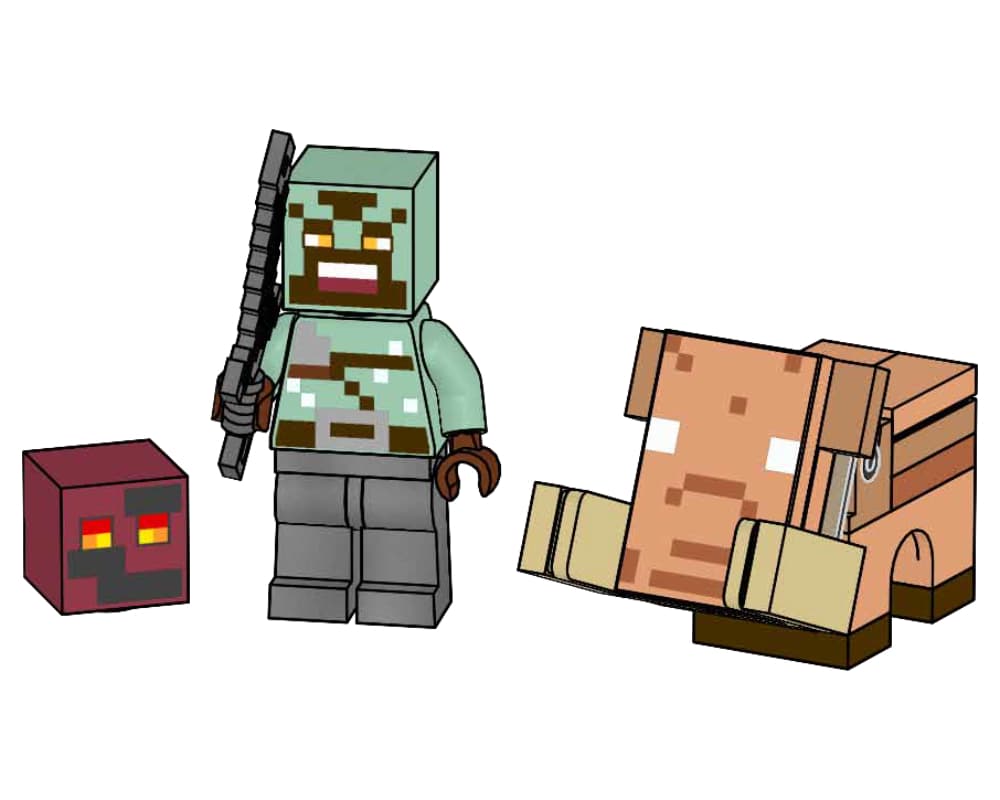з мініфігуркою LEGO Minecraft Орк-воїн з малюком Гогліном і кубом магми , полібег